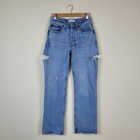 Abercrombie & Fitch Jeans 27 2R Blue 90s Baggy Low Rise Distressed Button Fly - Picture 1 of 8